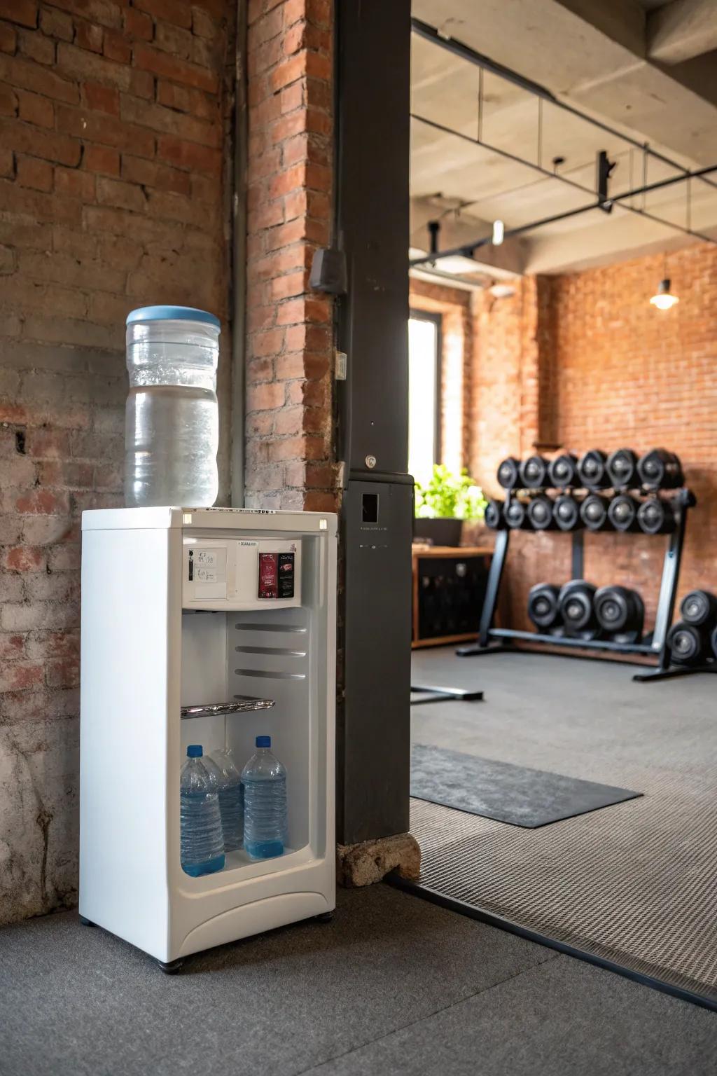 A hydration station ensures you stay refreshed during workouts.