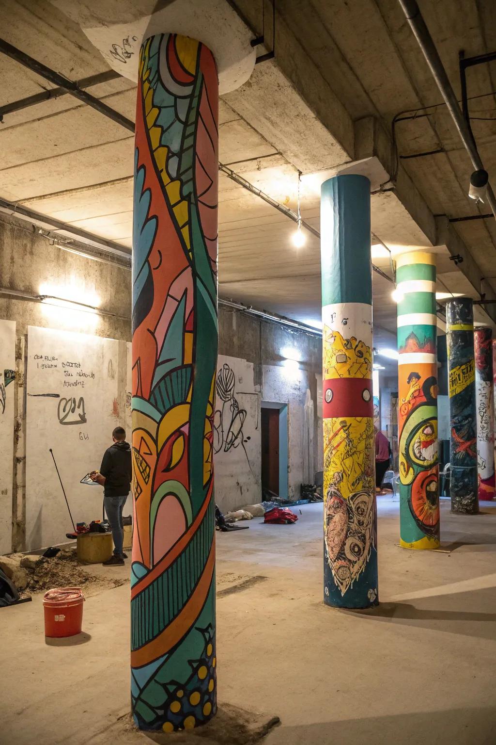 Vibrant artwork turns basement poles into statement pieces.