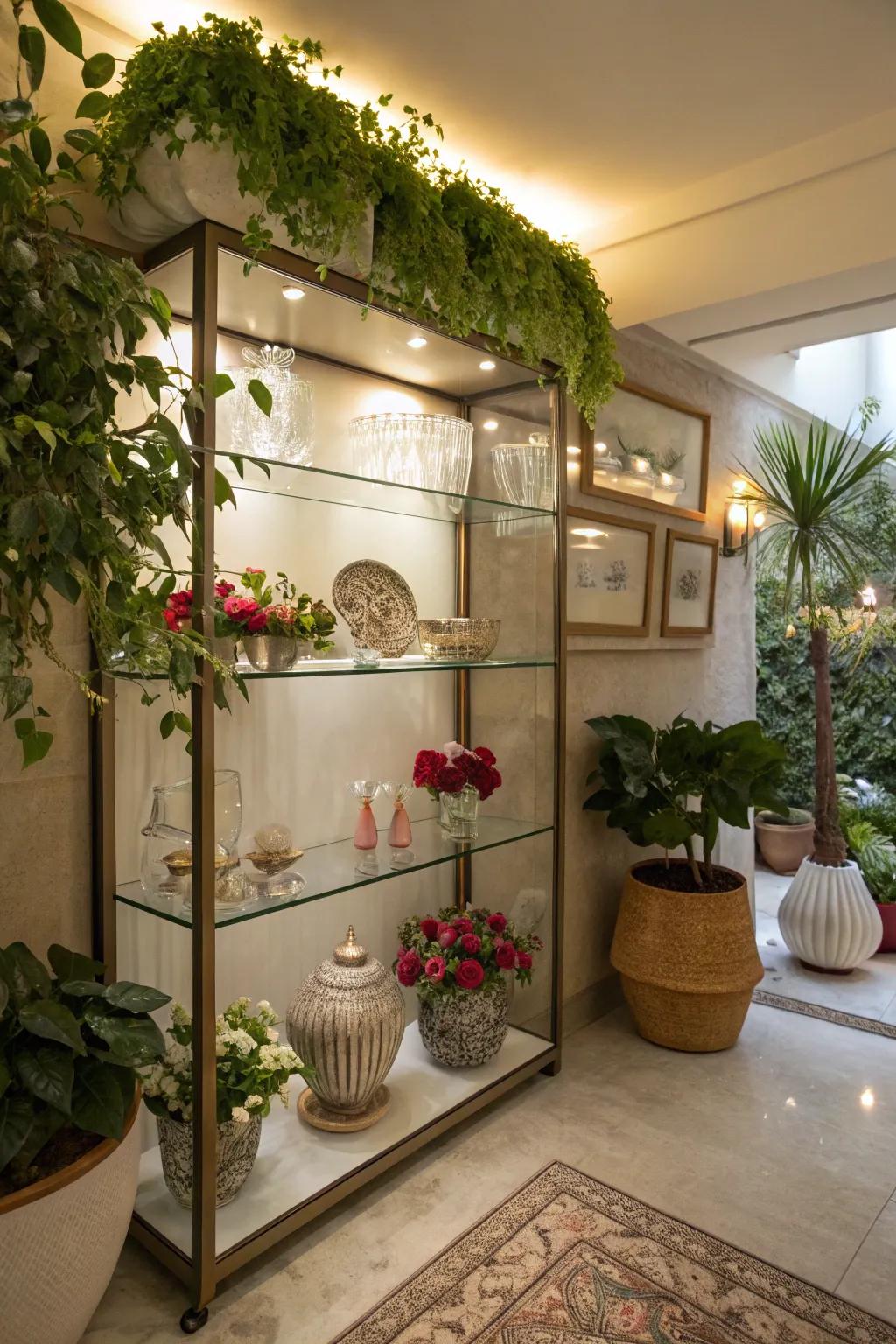Glass shelving adds an elegant and airy feel to any basement space.