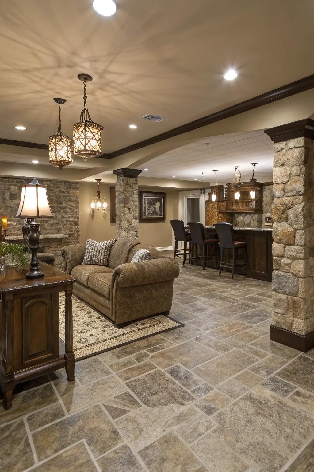 Stone-look vinyl flooring provides timeless elegance.