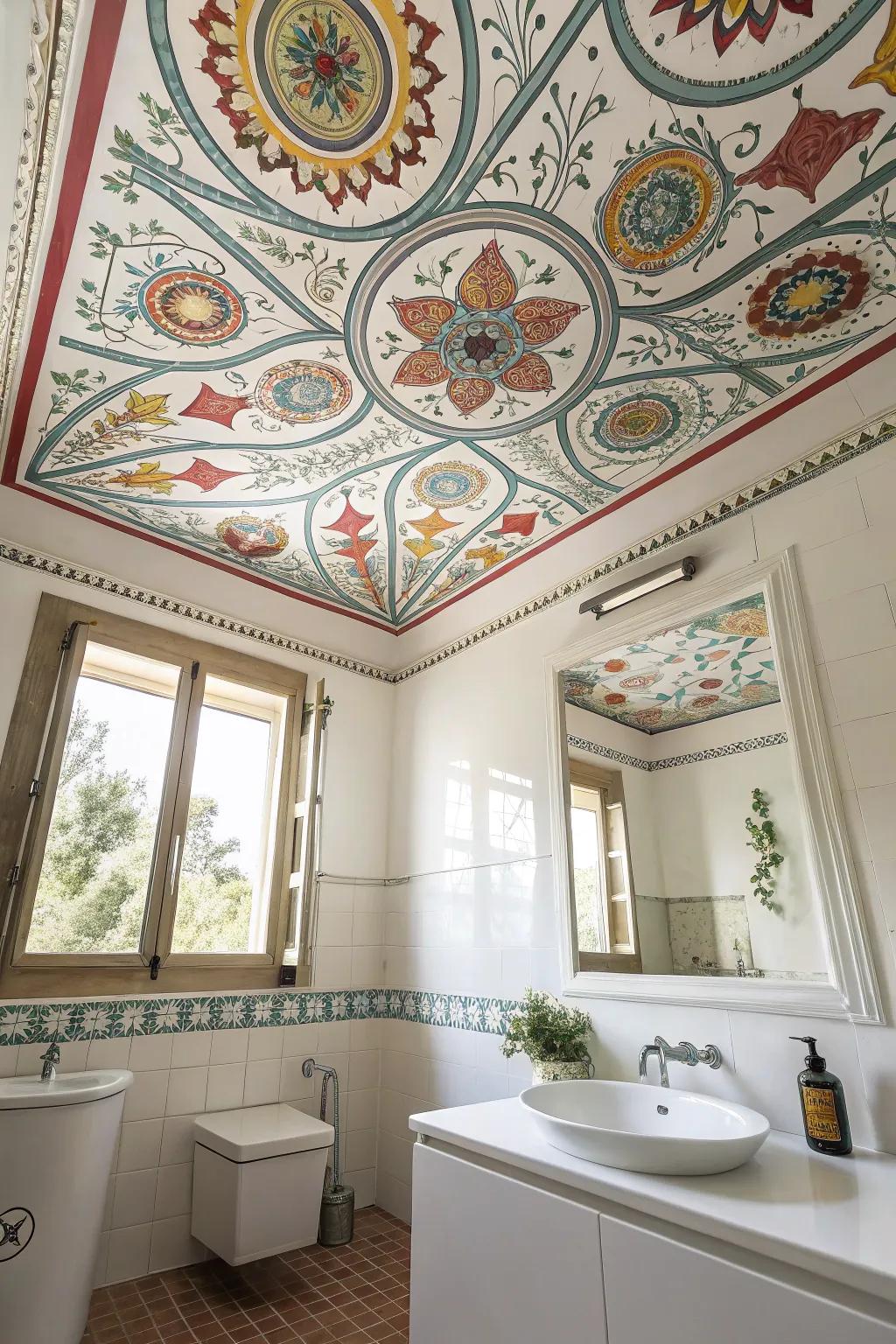 Painted murals on the ceiling bring a whimsical and personal touch to any bathroom.