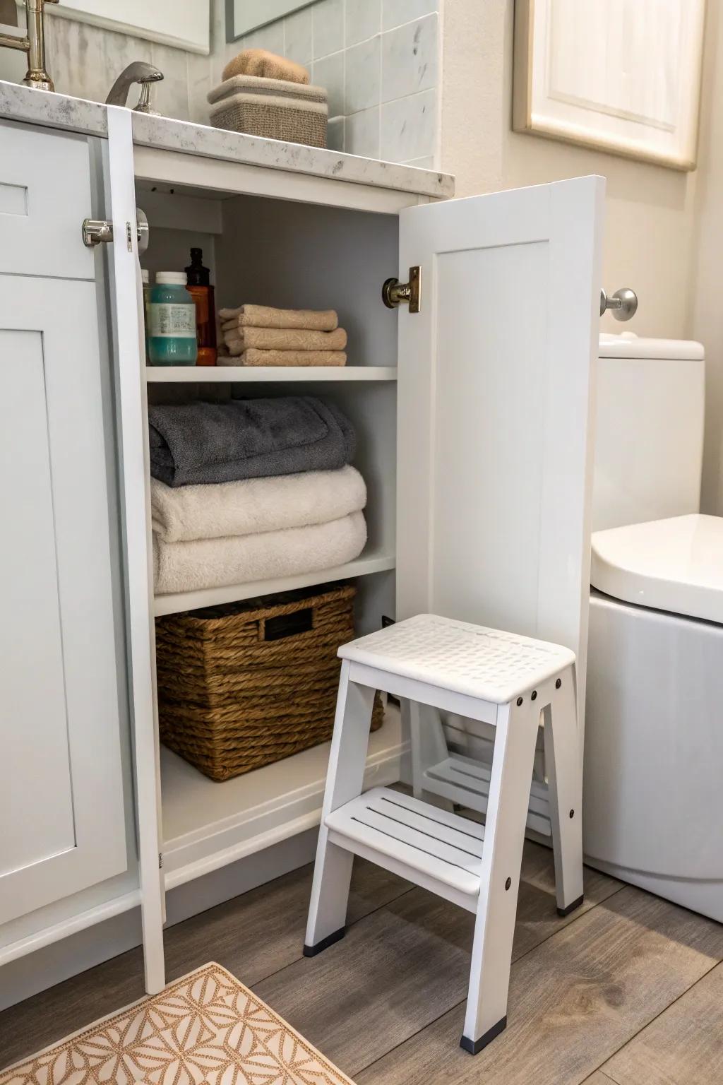 A step stool makes high shelves accessible.