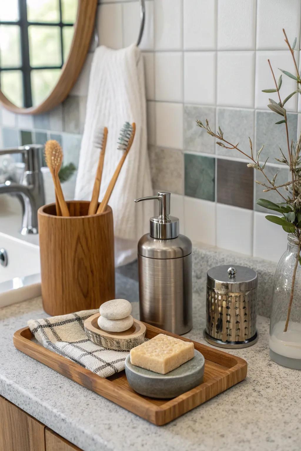 Create an eclectic bathroom counter with a mix of materials.