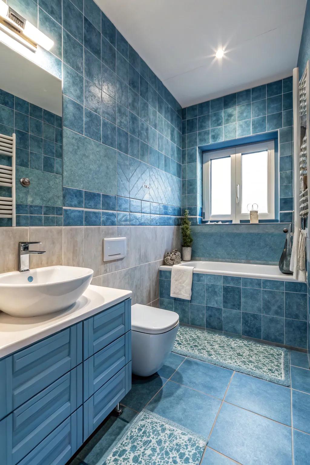 A monochromatic bathroom with harmonious blue tones.