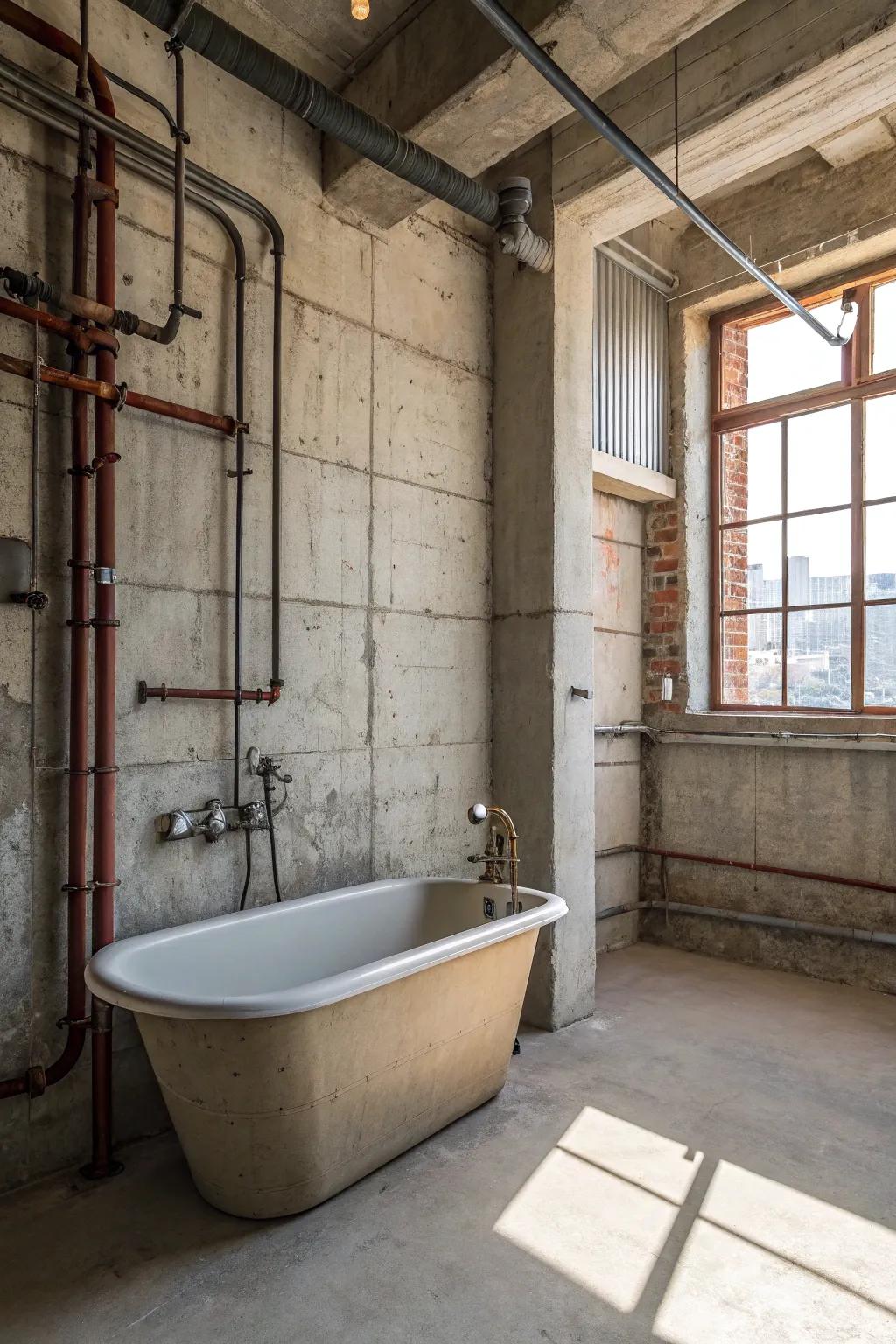 An industrial-style bathtub with exposed pipes adds an edgy vibe.