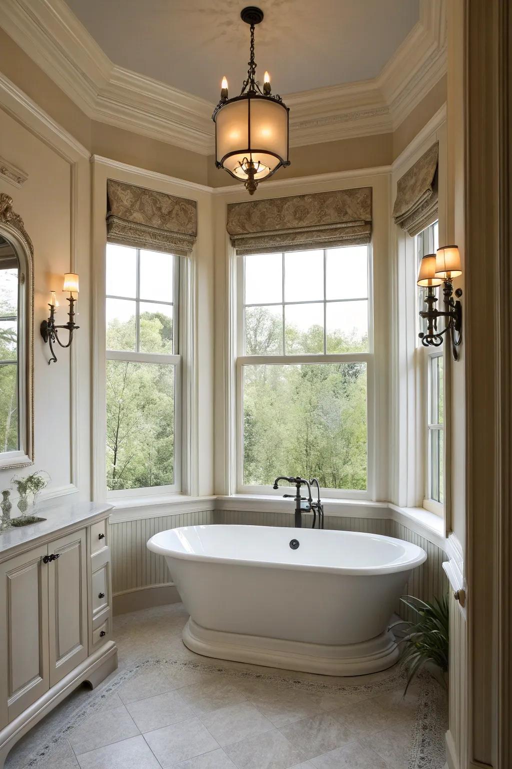 Bay windows add classic elegance to the bathroom.