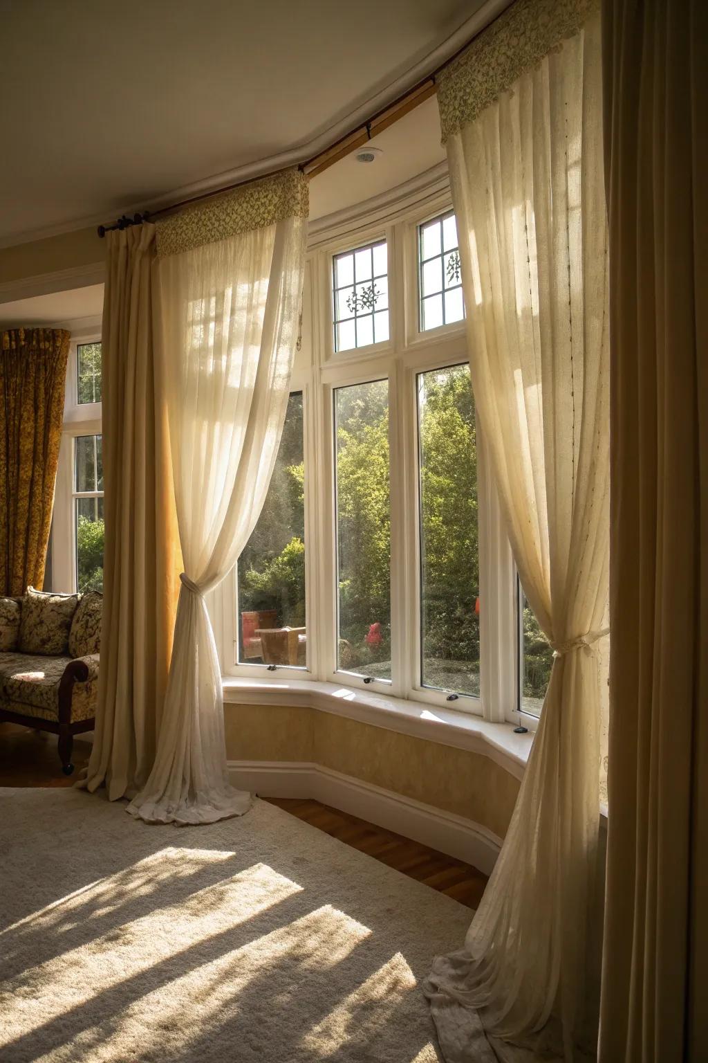 Light-filtering curtains adding dynamic patterns to the room.