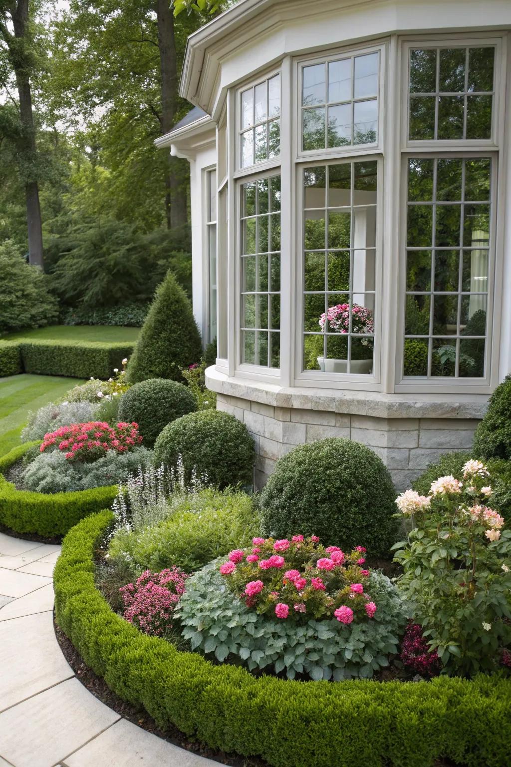 Symmetrical planting bringing balance to the bay window landscape.