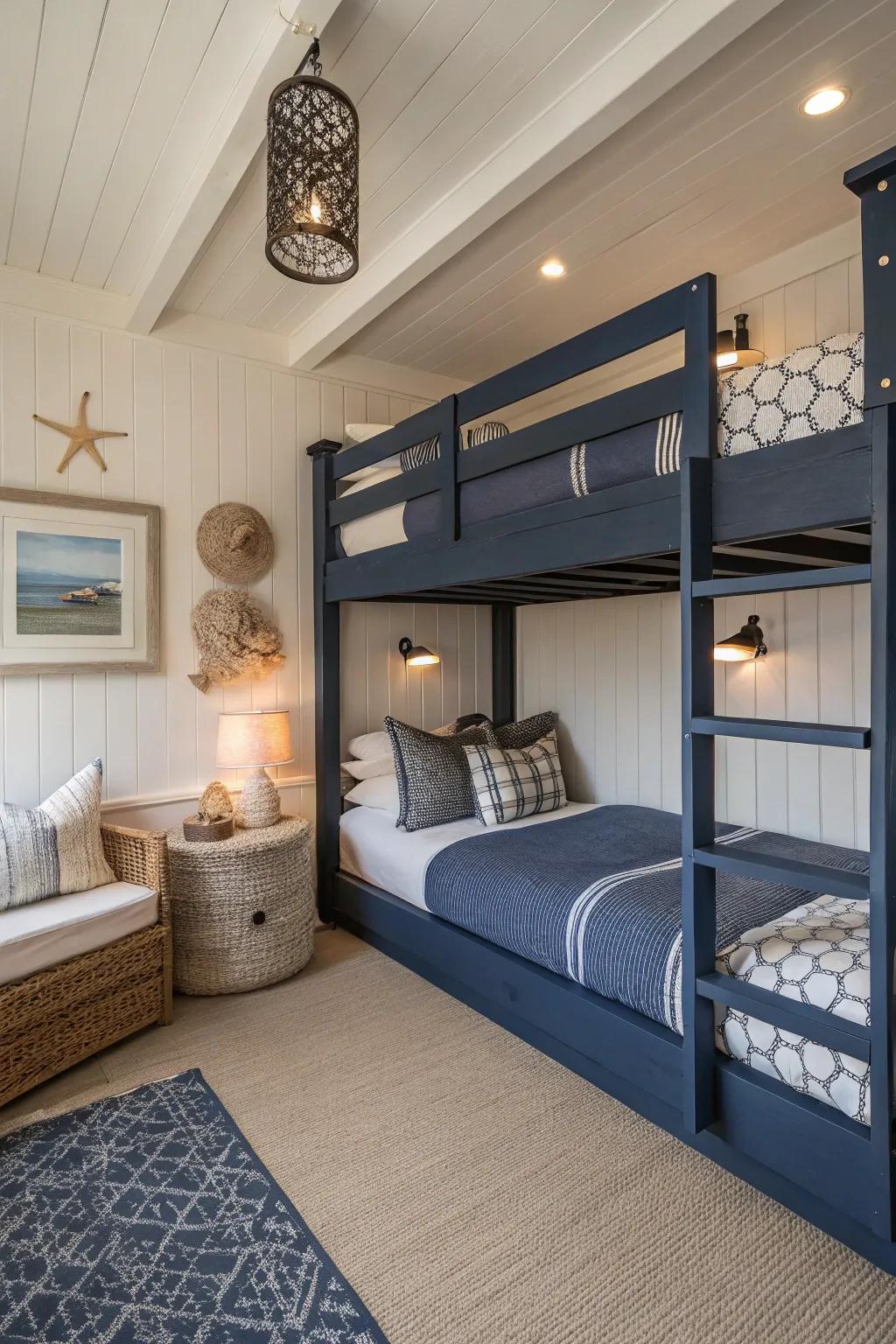 Embrace simplicity with minimalist navy floor bunks.