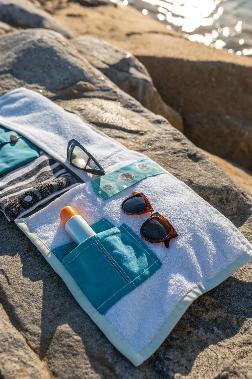 Keep your beach essentials handy with towels featuring built-in pockets.