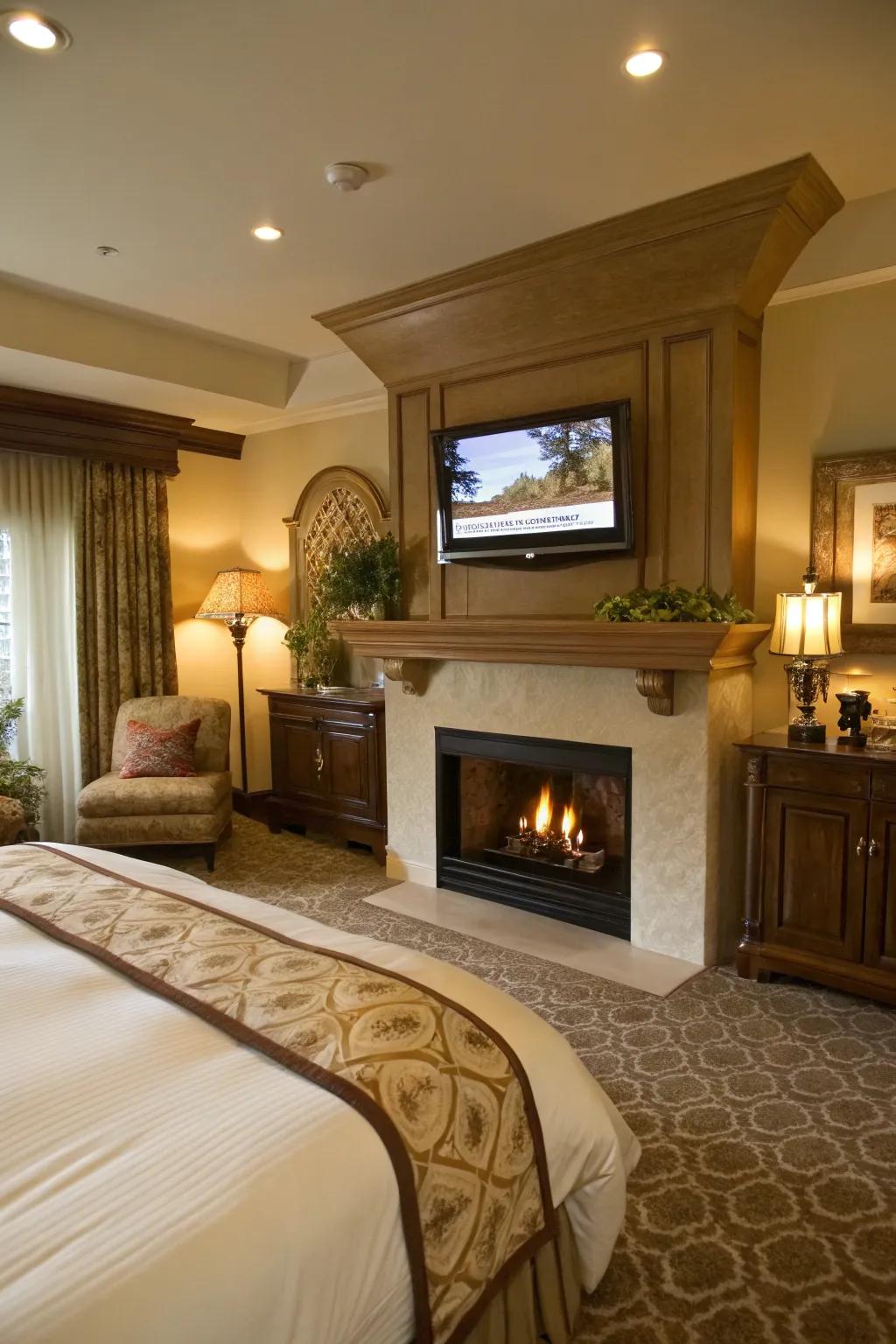 A fireplace adds luxury and warmth to your bedroom TV area.