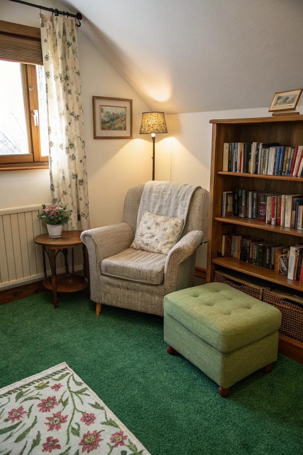 A cozy reading nook provides a relaxing retreat, perfectly nestled on the green carpet.