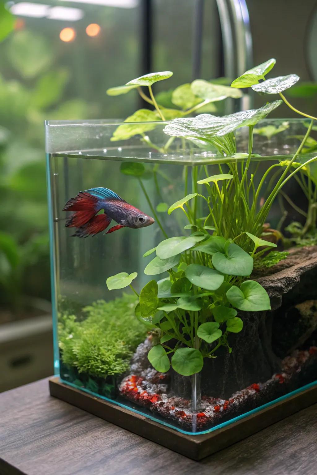 A floating garden creates a lush canopy for your betta tank.