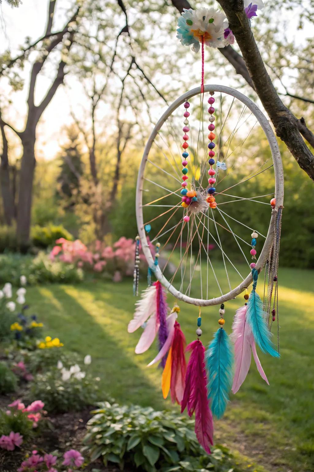 A bohemian bicycle wreath with feathers and beads for a free-spirited look.