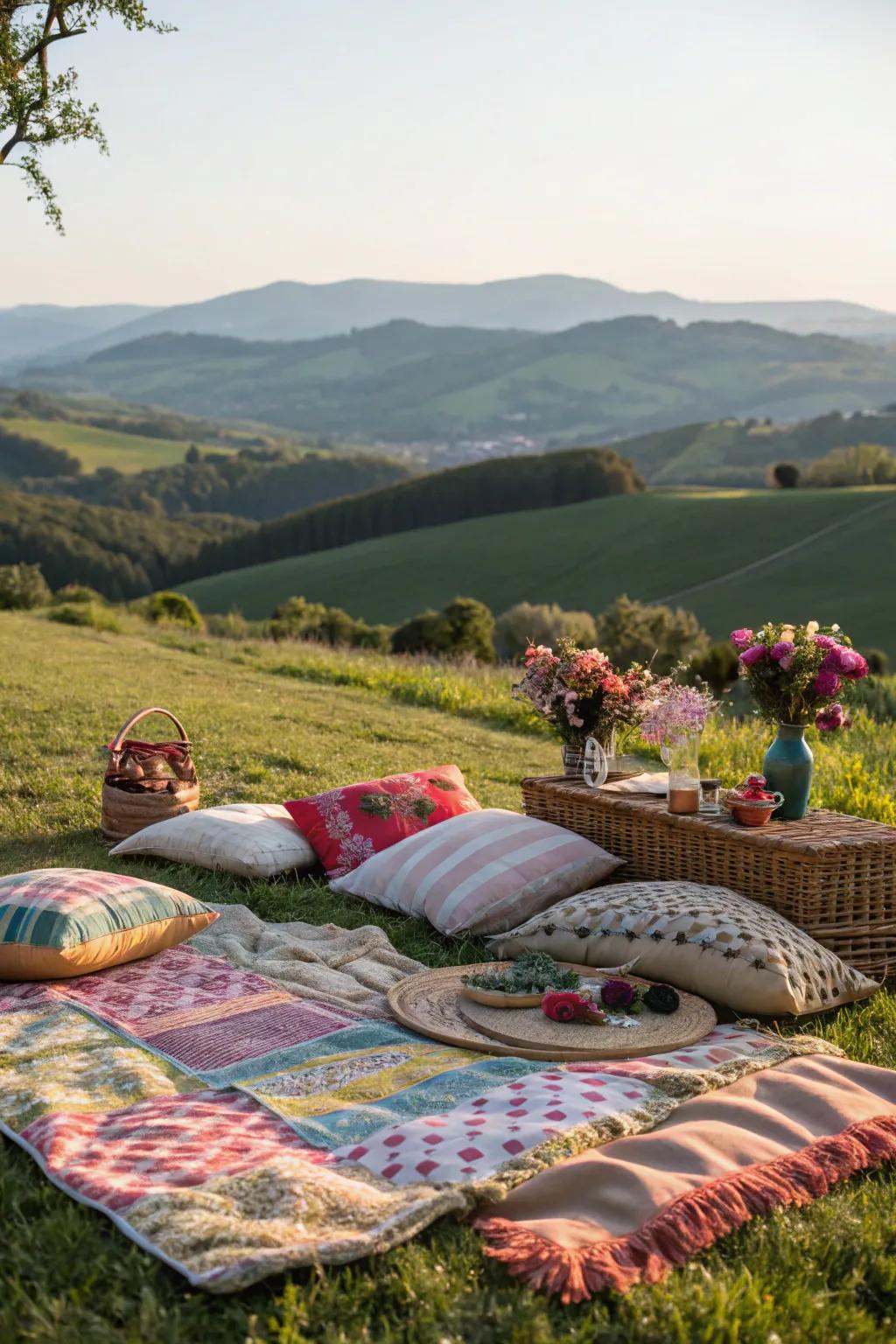 A cozy outdoor picnic setup with a scenic backdrop.