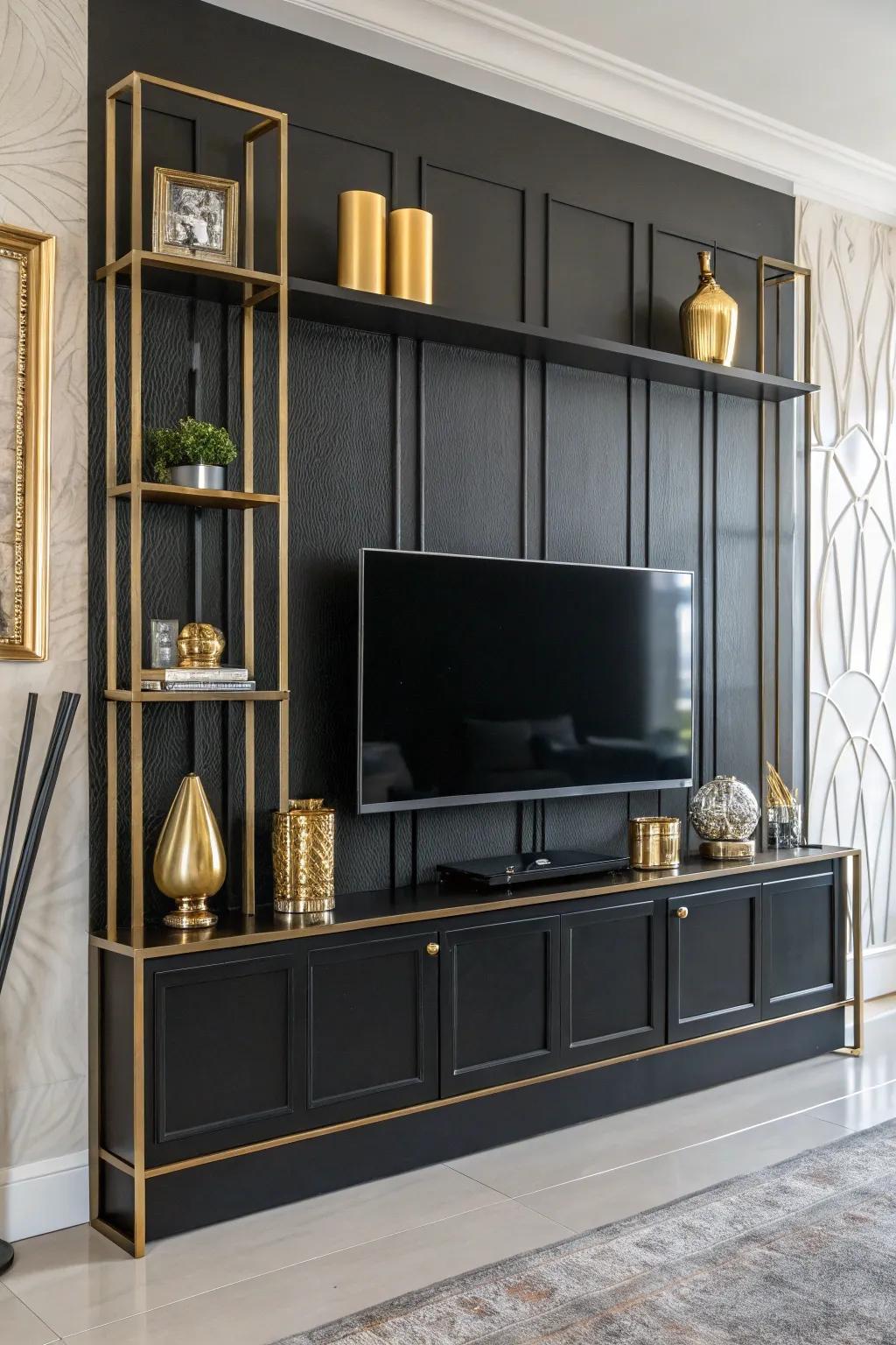 Metallic accents add a touch of glamour to a black accent wall.