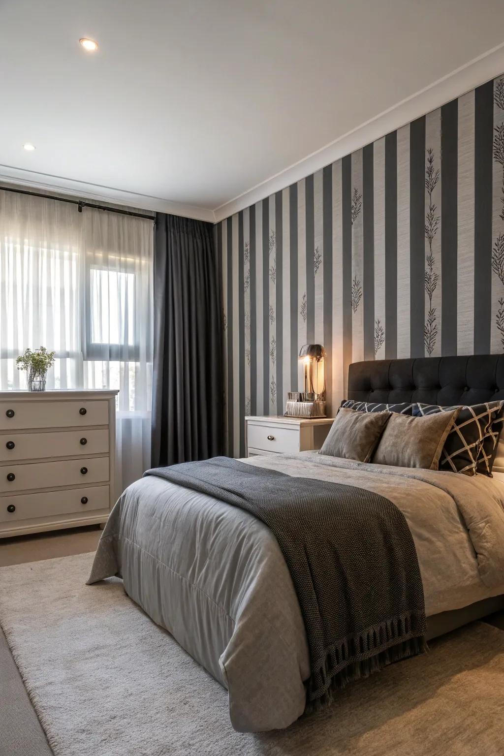 A bedroom with black and grey striped accent wallpaper.