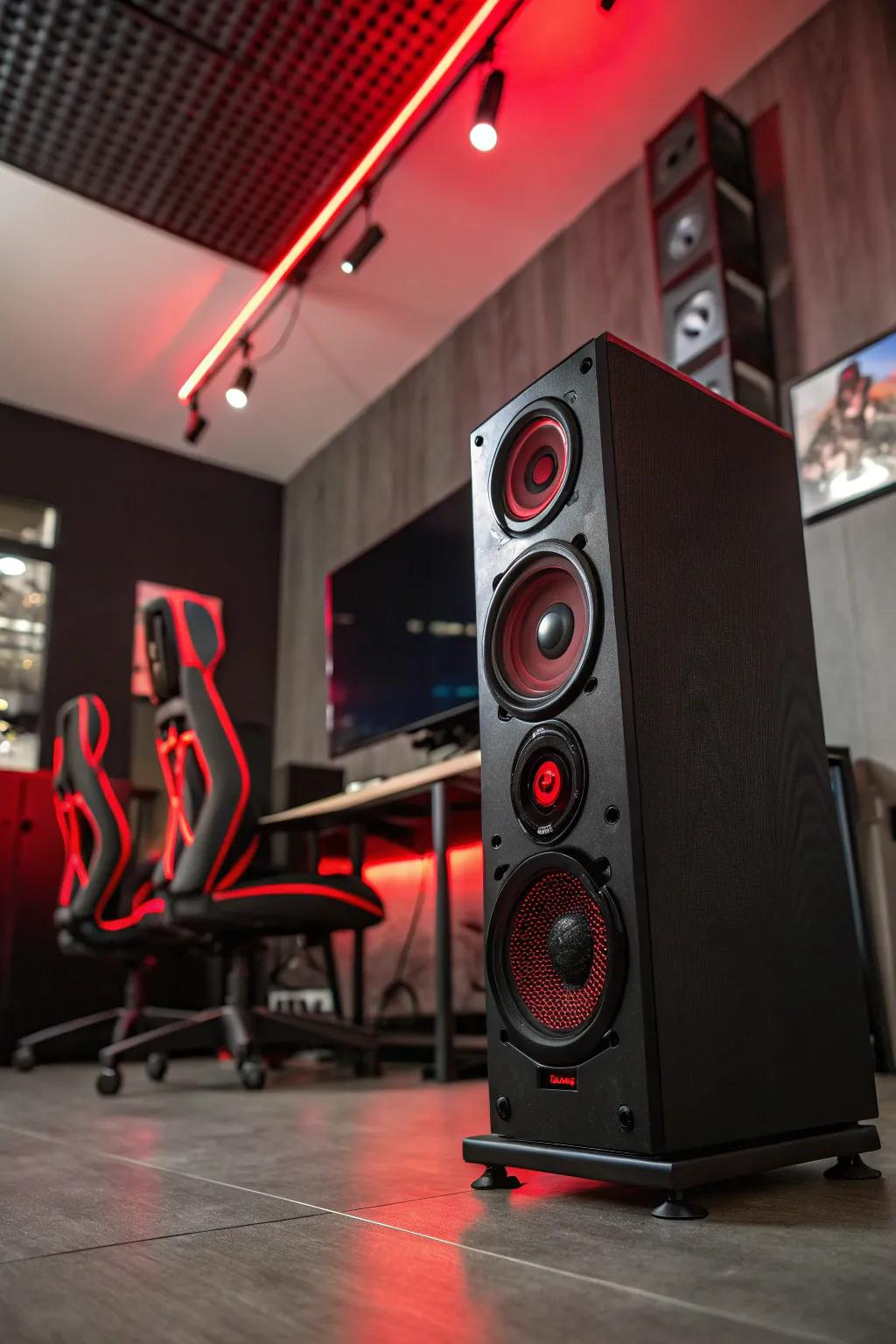 A sound system with red accent lighting provides immersive audio for gaming.