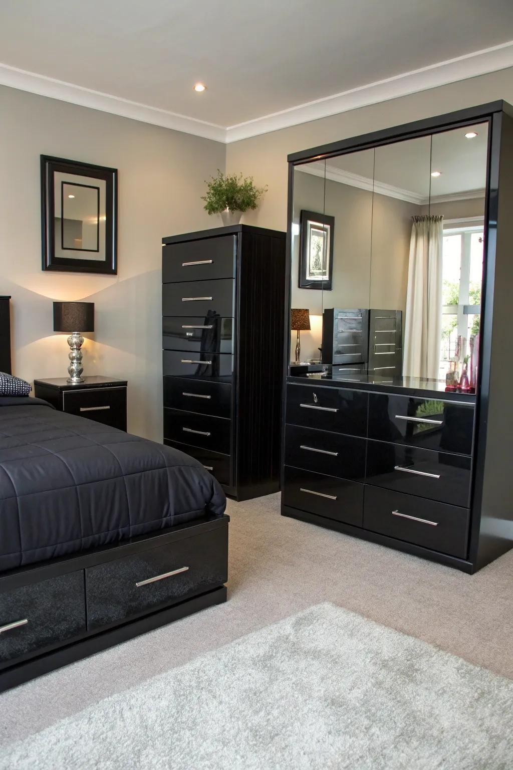 Reflective surfaces add light and space to this chic bedroom.