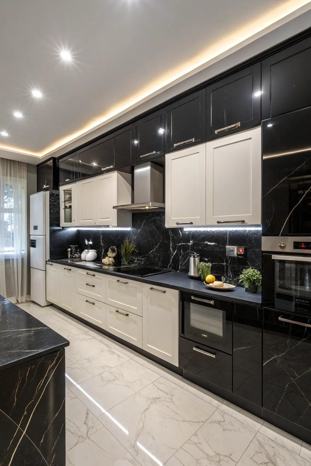 Monochrome palette with black countertops and cabinets.