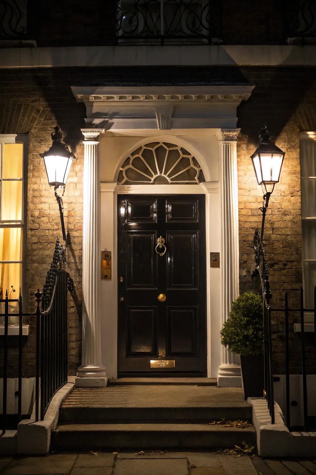 Lantern lighting adds warmth and charm to a black door with white trim.