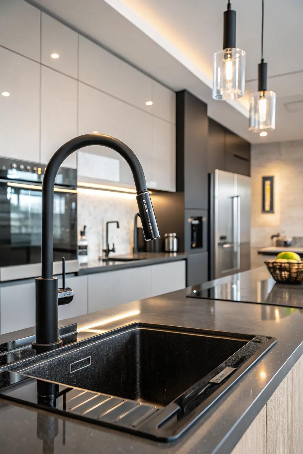 Matte black sophistication complements the clean lines of this modern kitchen.