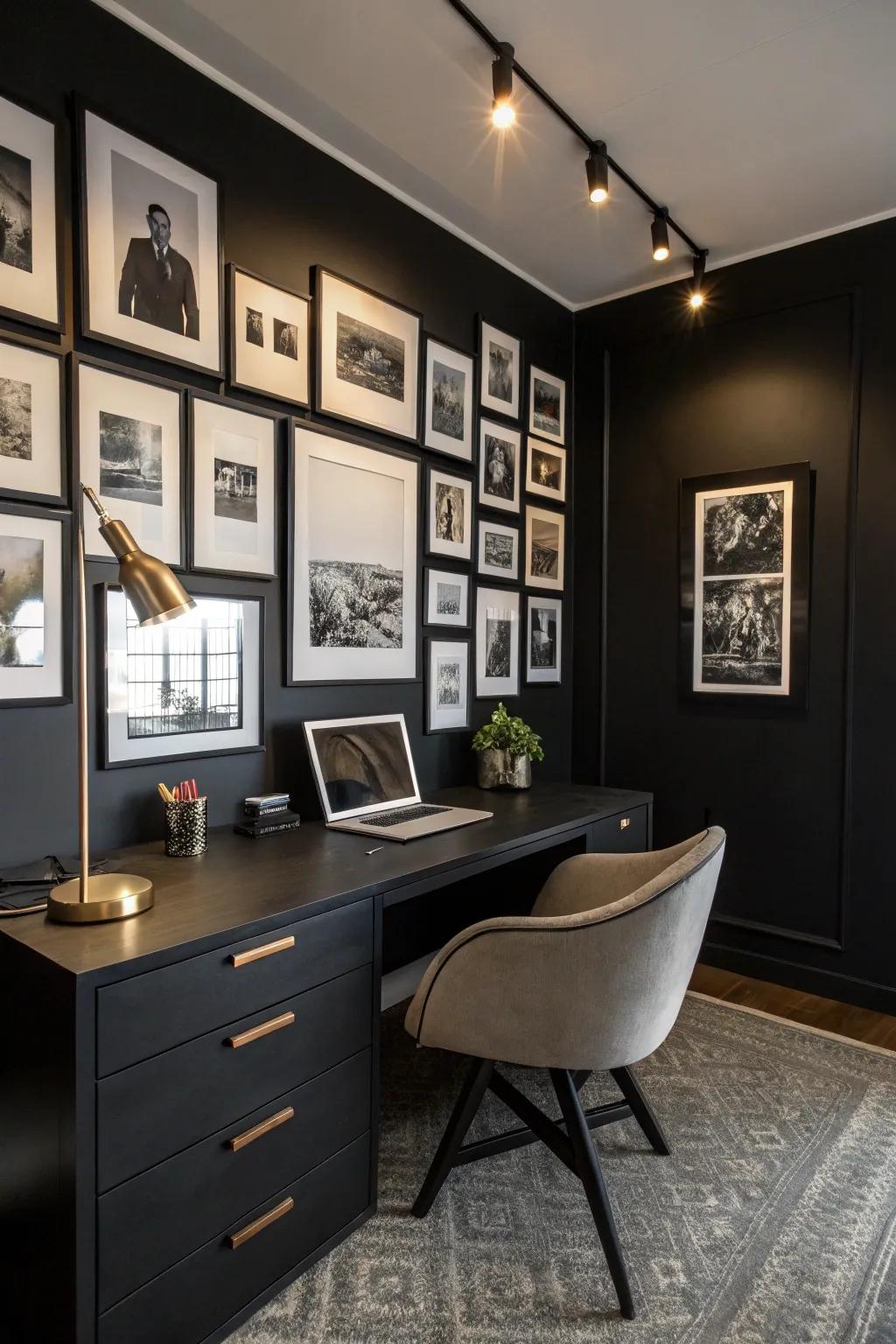 A gallery wall adds creativity and personality to a black office.