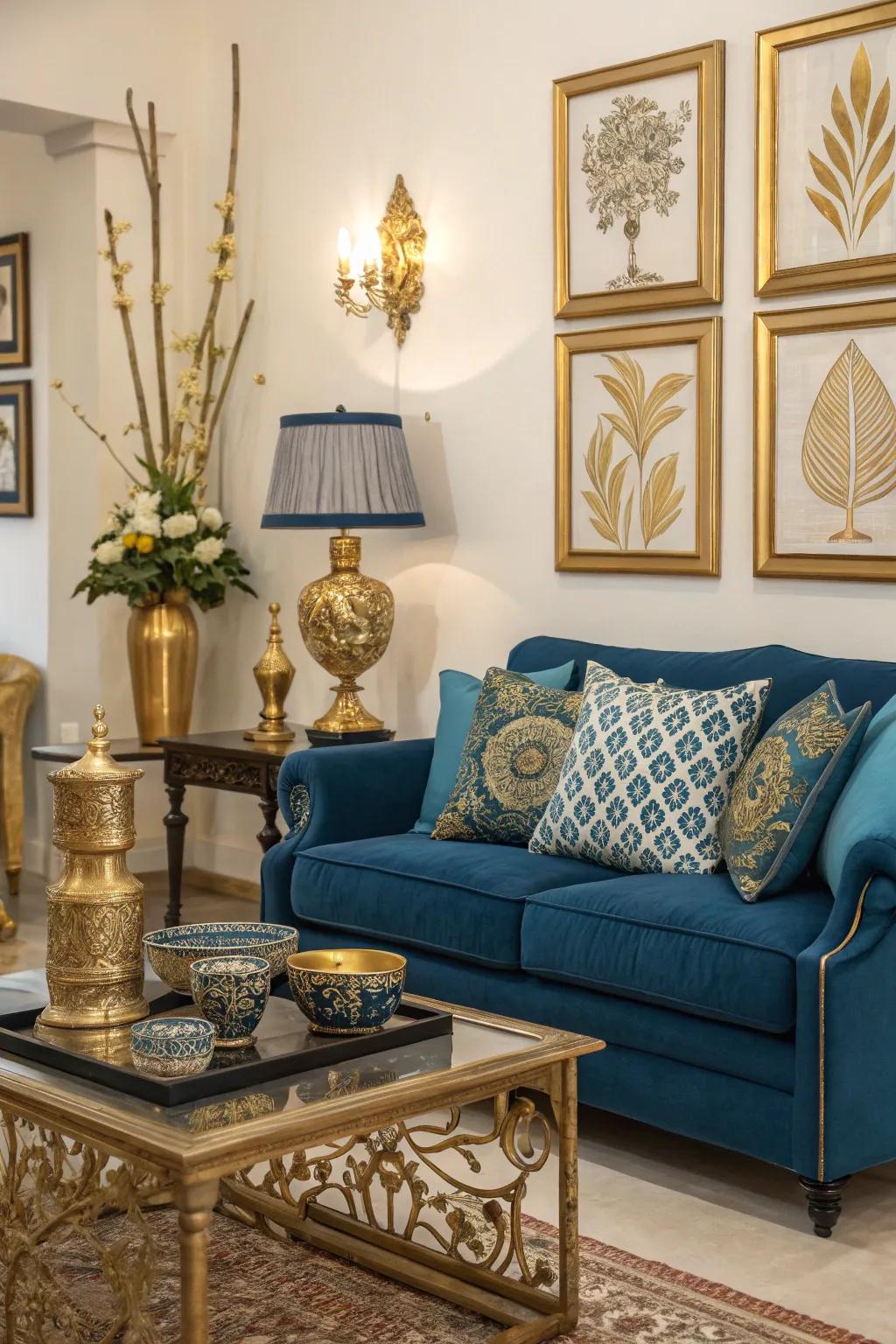 A luxurious living room with blue and gold decor.