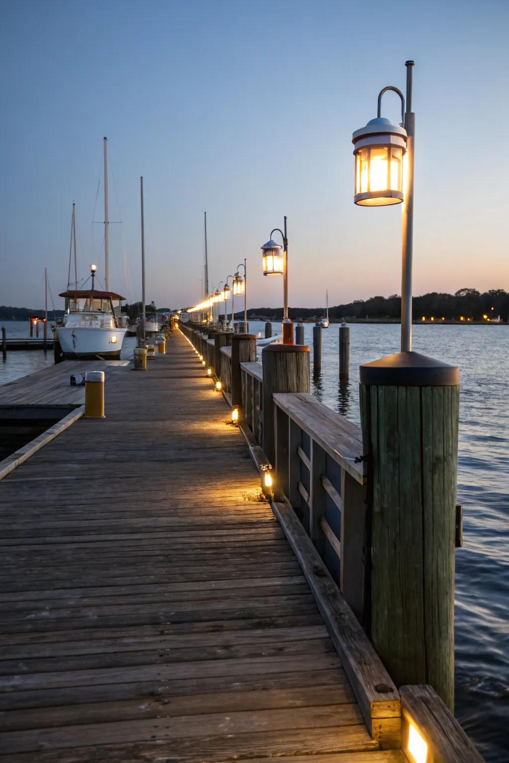 Wharf lights give the dock a classic nautical vibe.