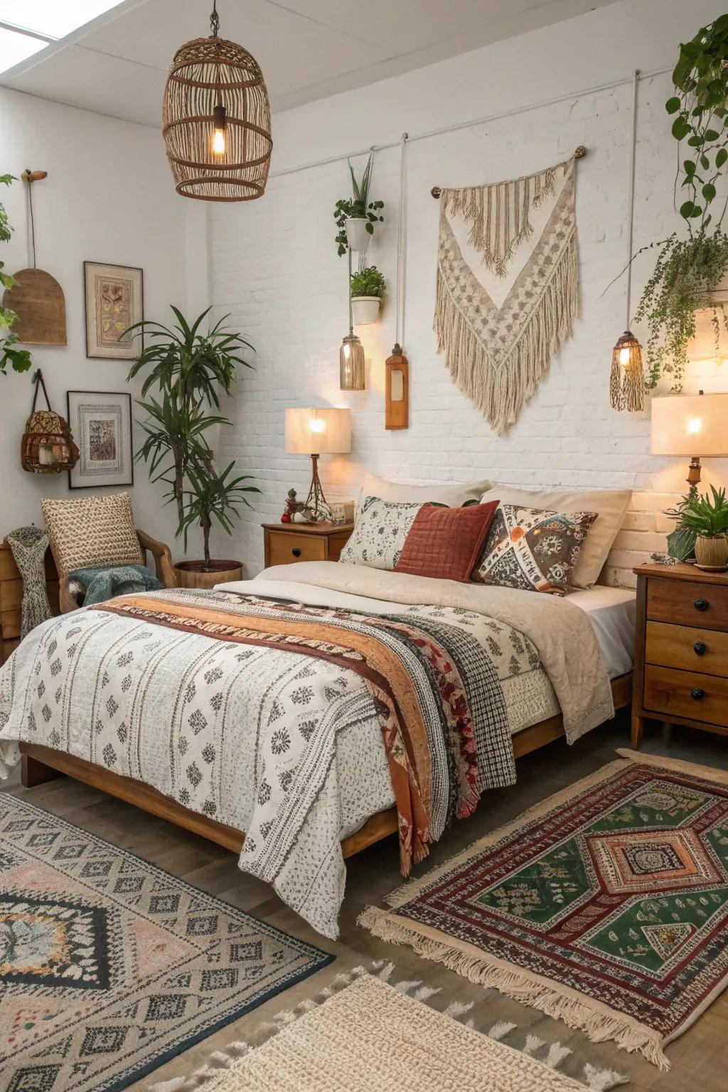 Vintage furniture and decor add character and uniqueness to this boho bedroom.