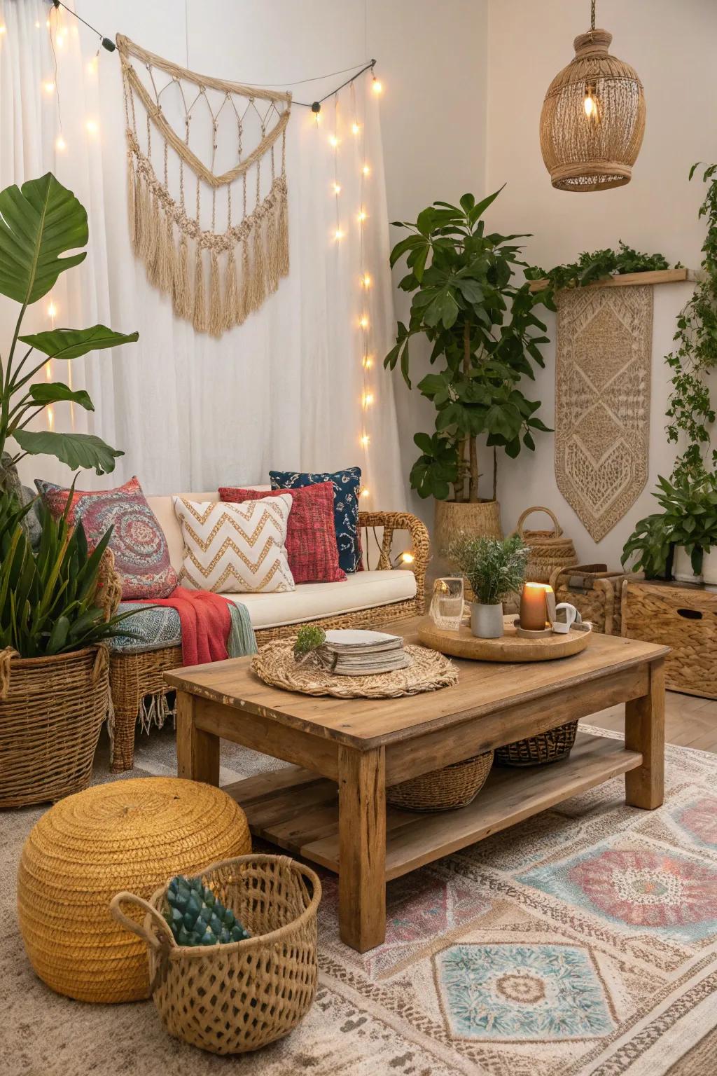 Natural wood elements bring warmth and grounding to the boho glam look.