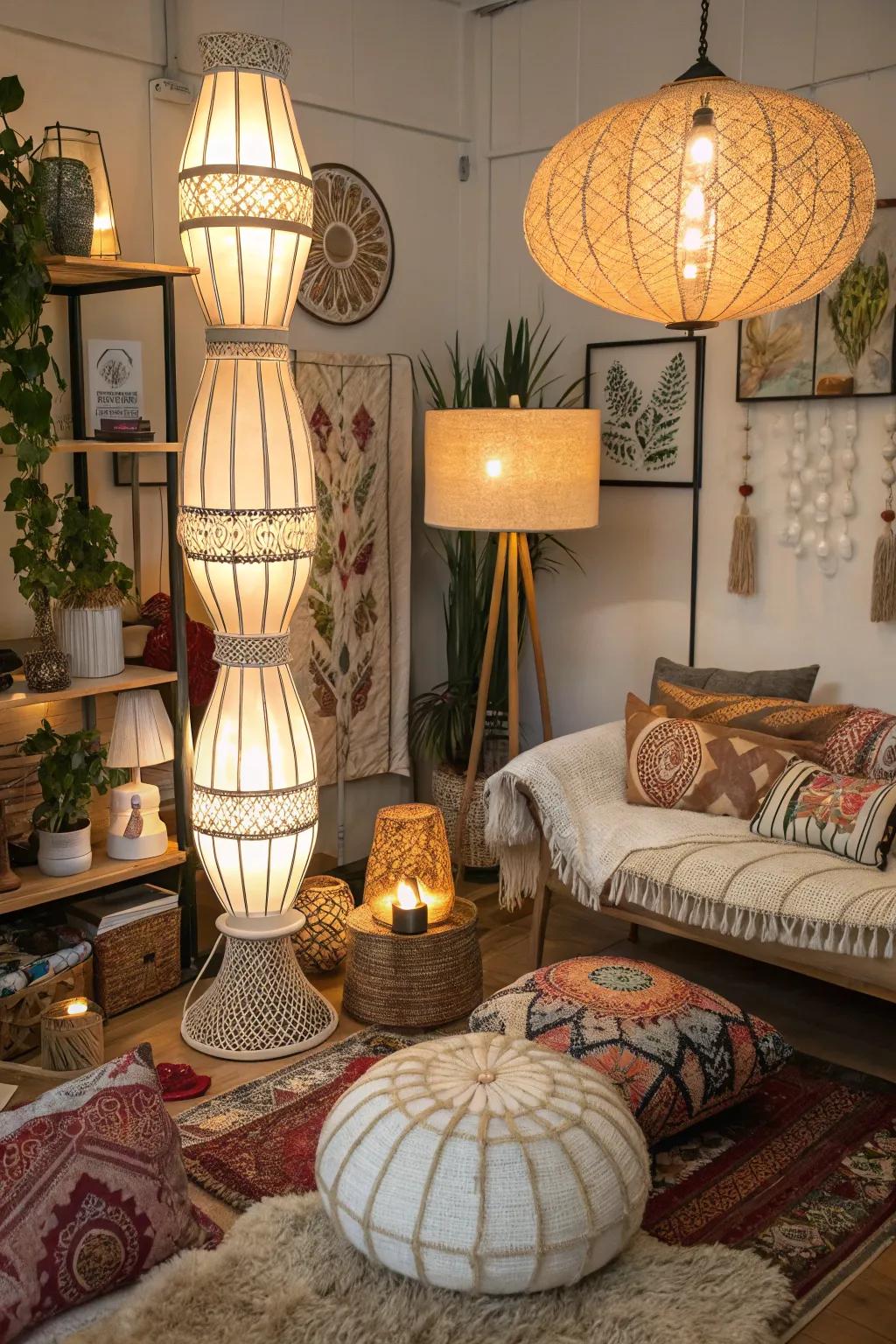 Layered lamps providing depth and texture in a bohemian room.