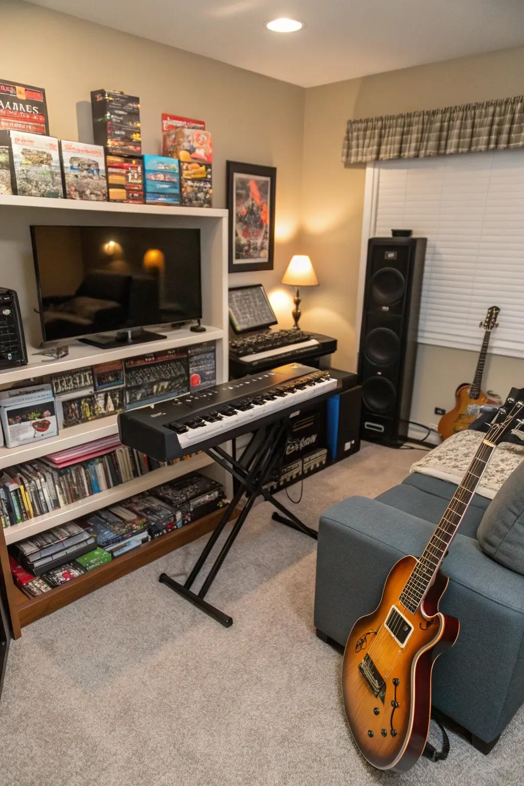 A music corner adds harmony to your game room setup.