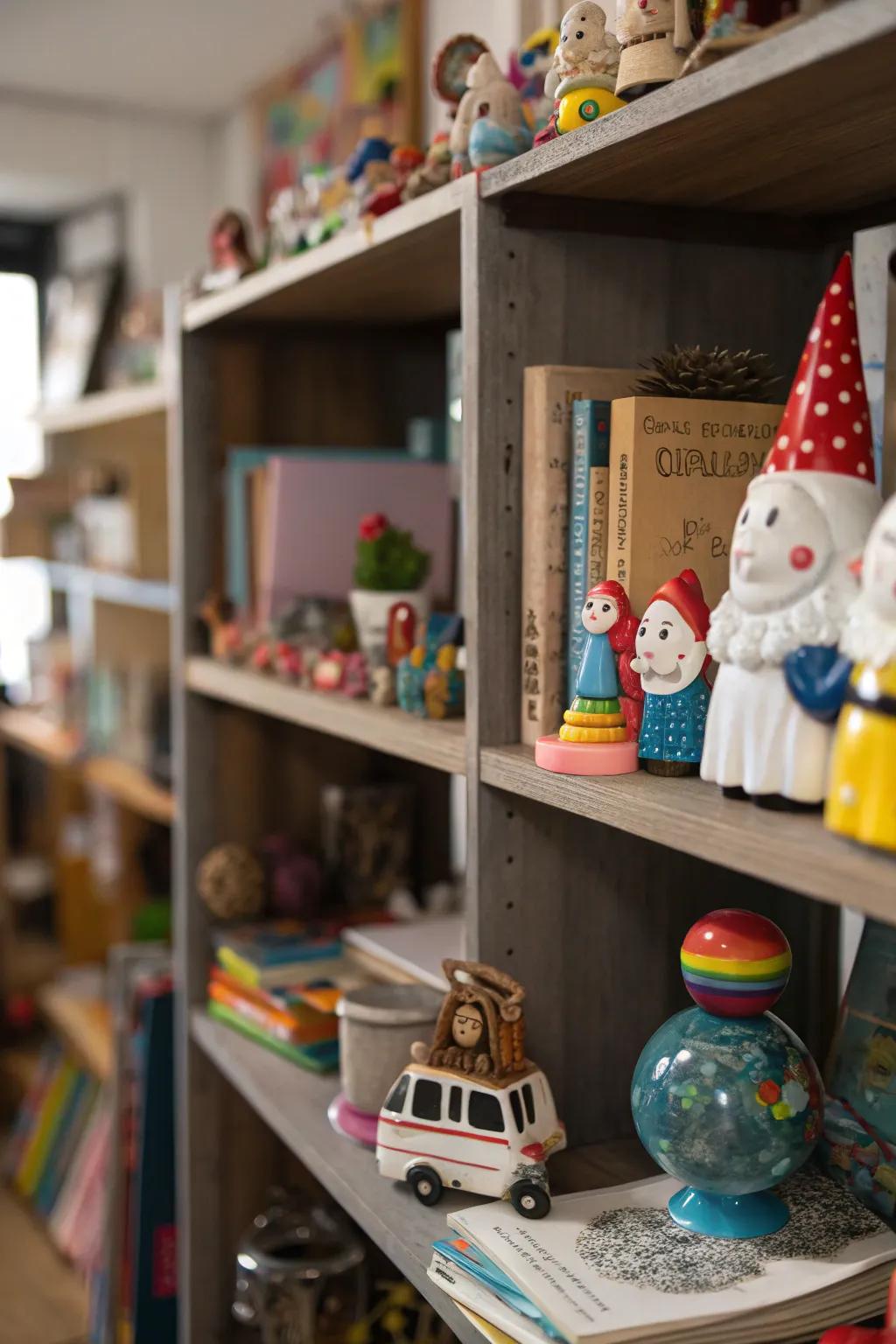 Whimsical decor items add character and conversation to a bookshelf.