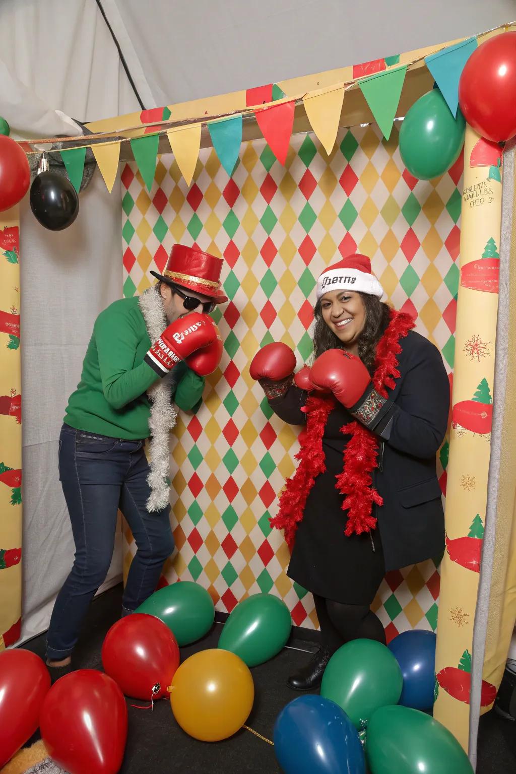 A festive photo booth with themed props and backdrop.