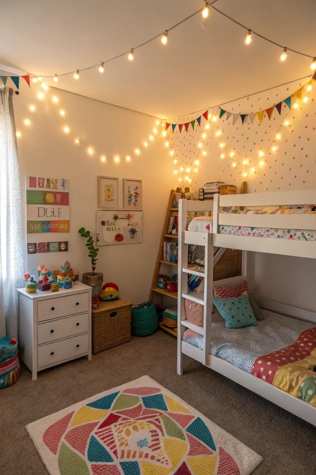 String lights add a whimsical ambiance to the shared room.