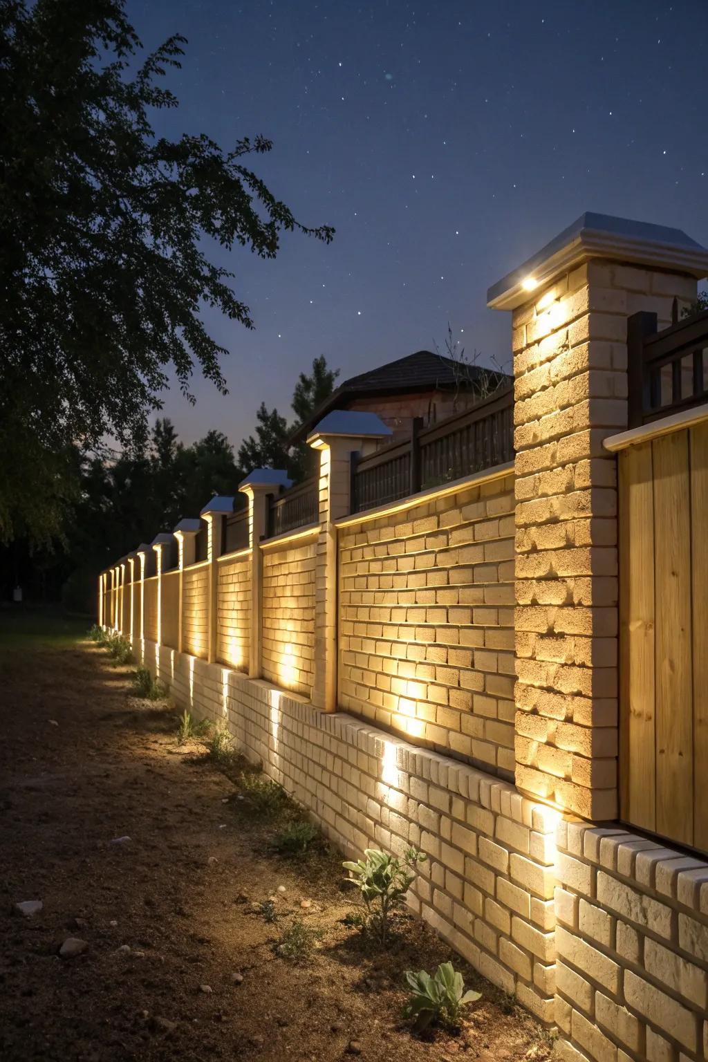 Lighting features create a warm, inviting nighttime atmosphere.