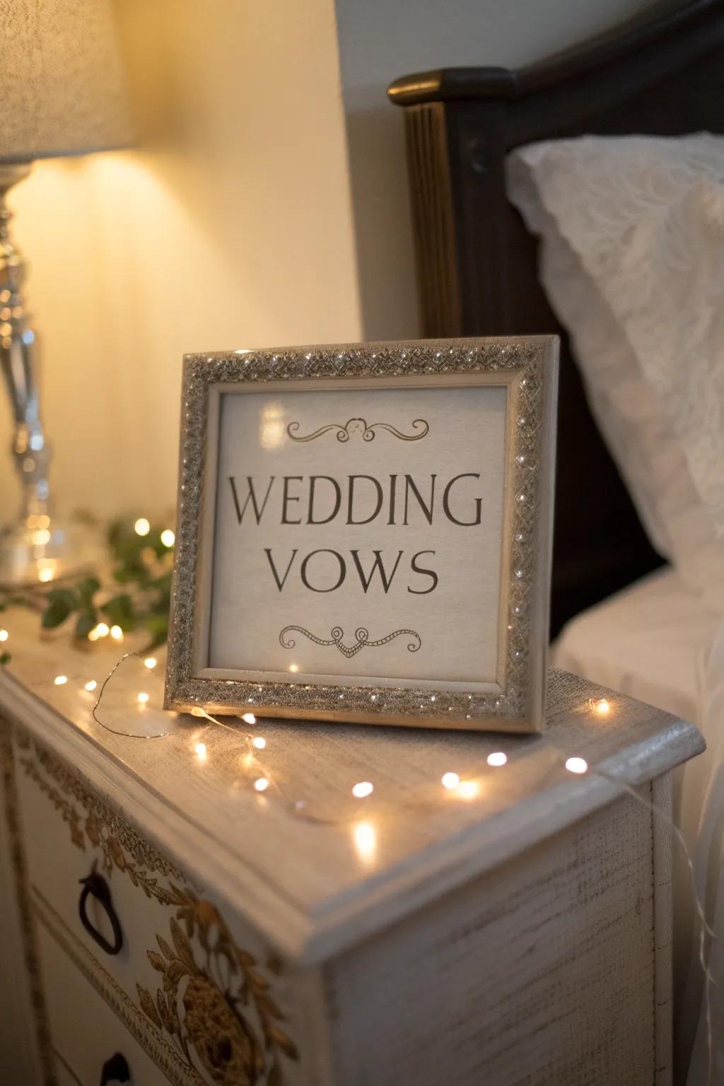 A frame with wedding vows, offering a heartfelt reminder of your special day.