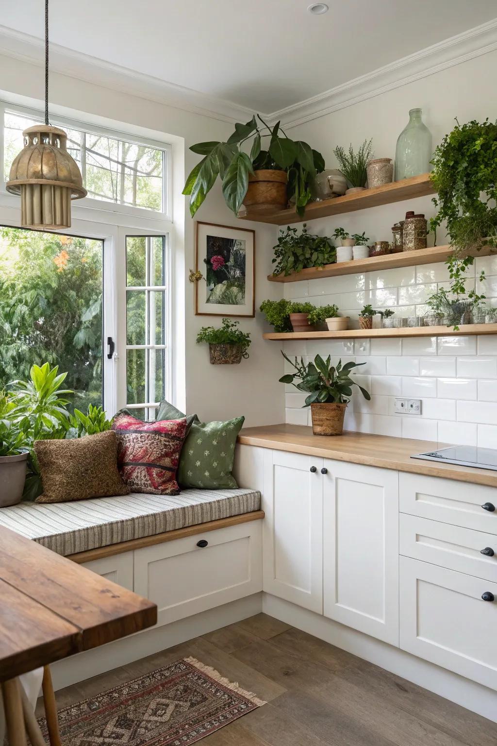 Combine bench seating with open shelving for a cohesive look.