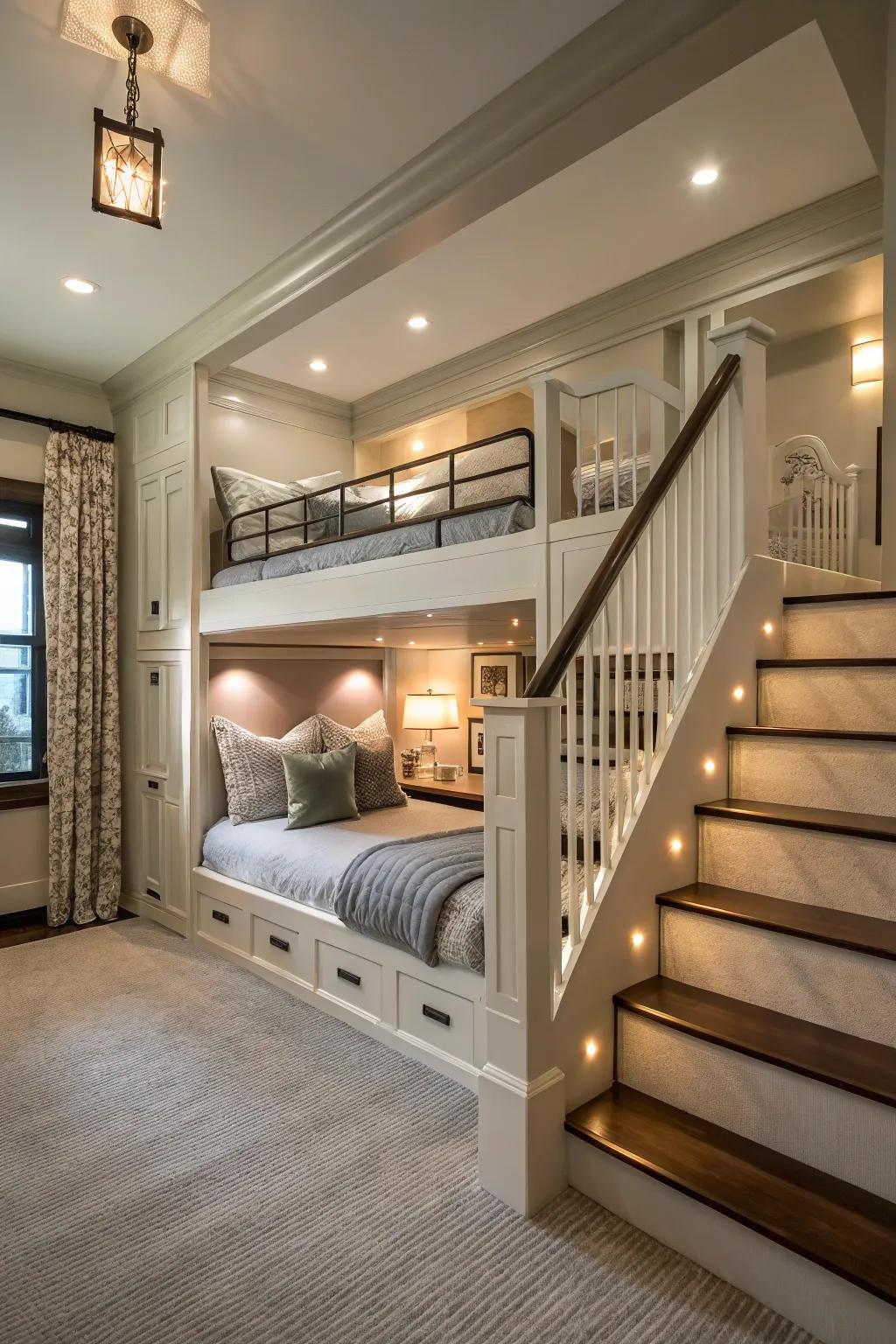 An elegant staircase offers stylish and safe access to upper bunks.