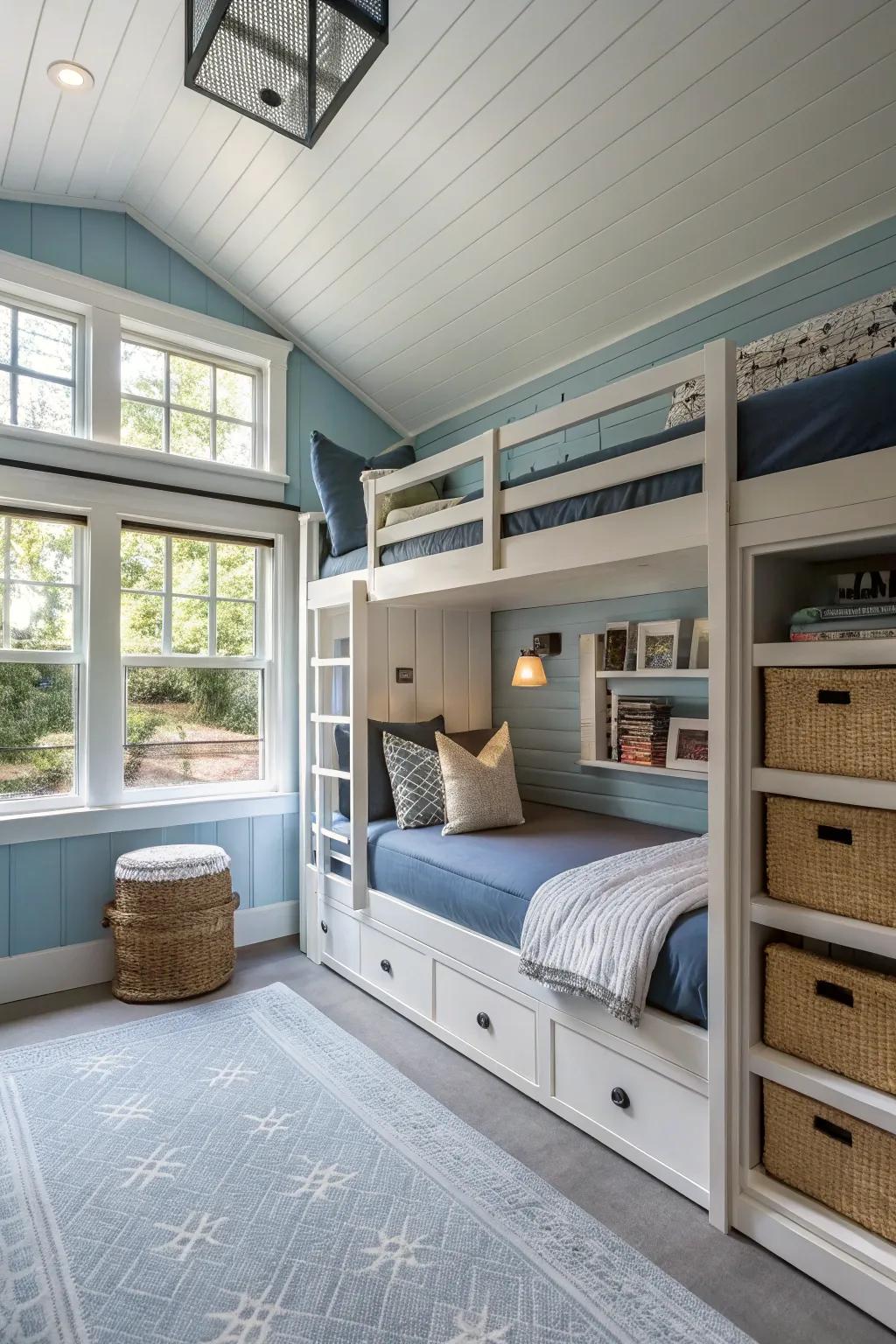 Innovative use of garage space as a stylish bunk room.