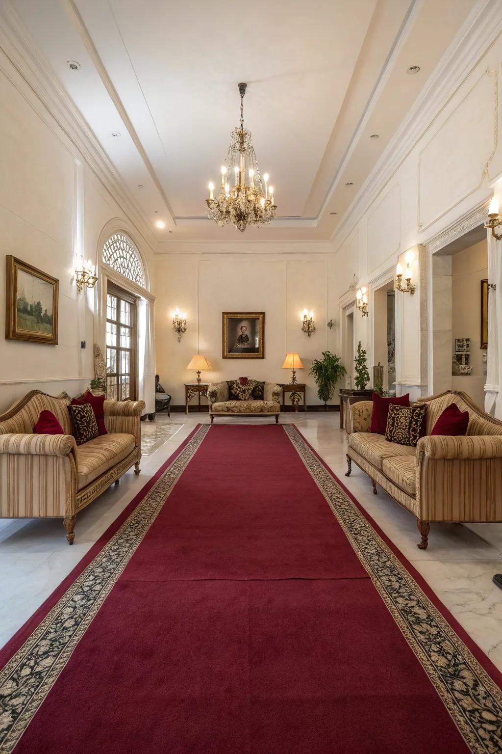 Symmetry enhances the regal feel of a burgundy carpet in a living room.