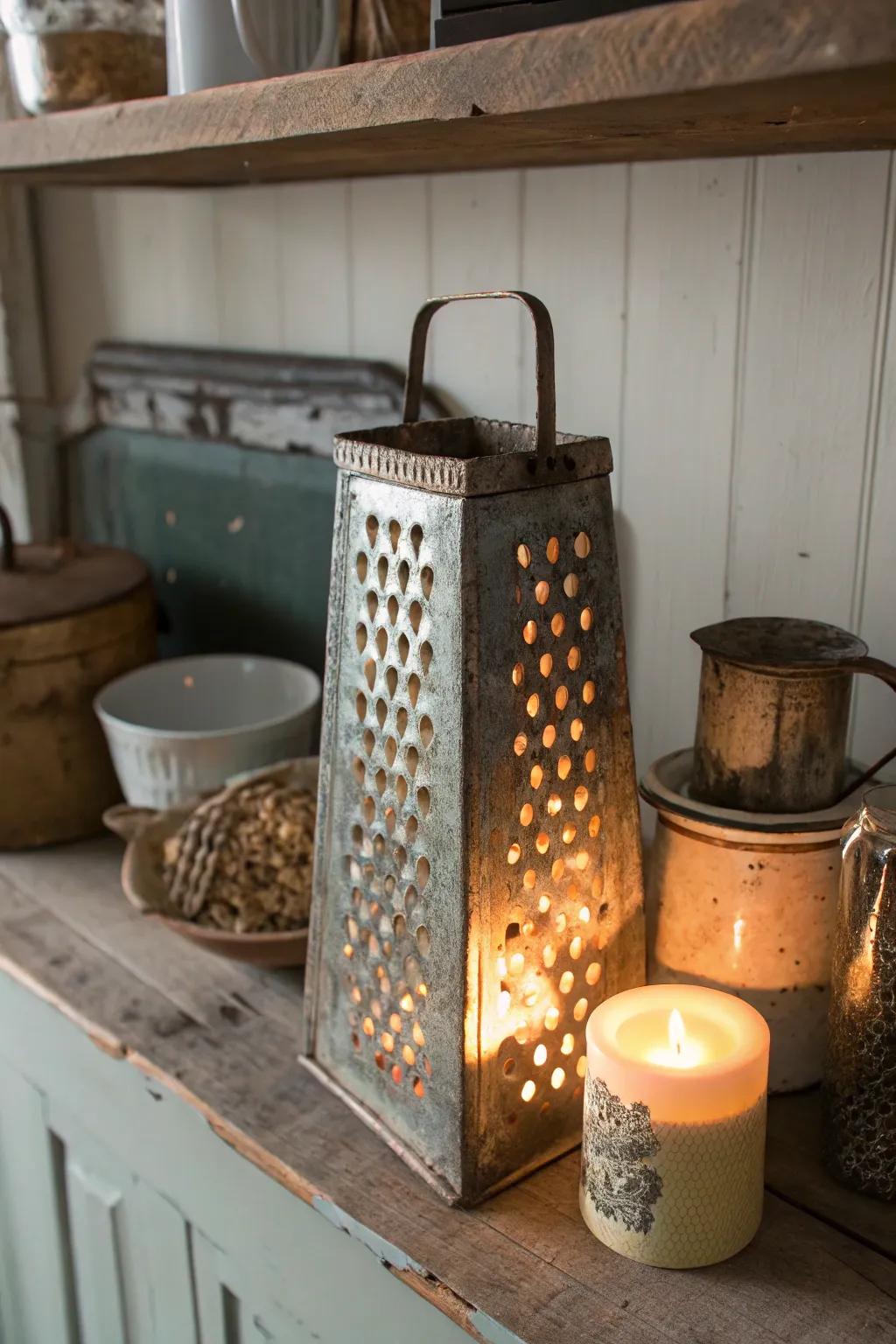 Rustic charm with vintage grater candle covers.