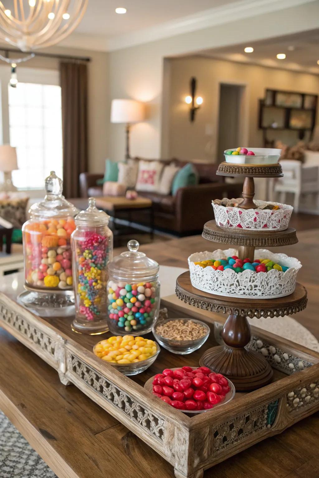 Upcycled jars and trays adding character to the candy table