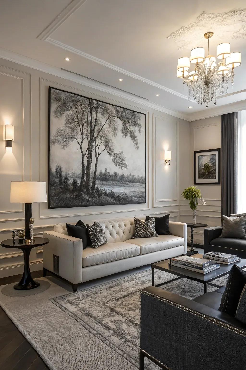 Black-and-white art exudes timeless elegance.