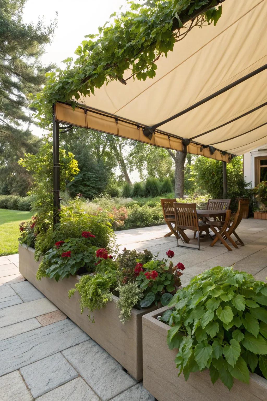 Built-in planters turn canvas canopies into verdant retreats.