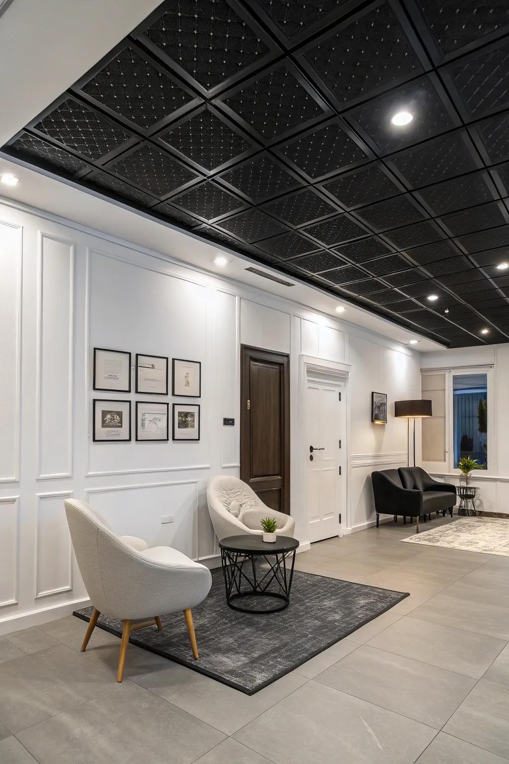A dramatic room with black ceiling tiles for contrast.