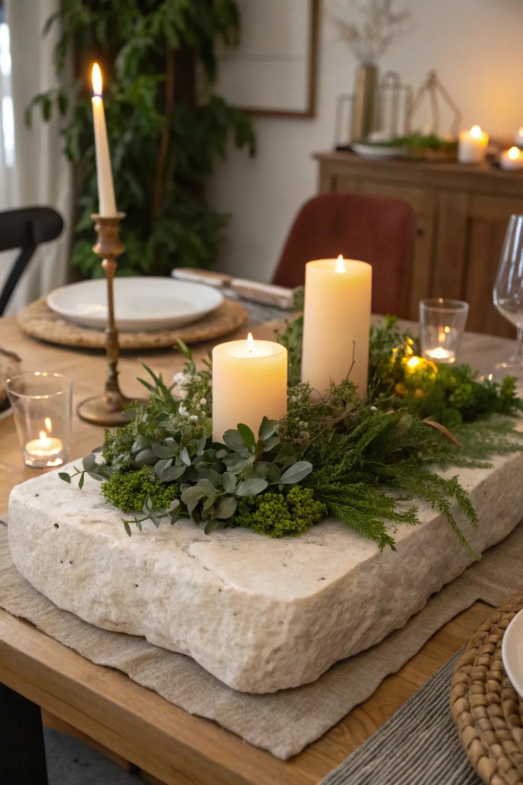 Earthy elegance with a natural stone centerpiece base.