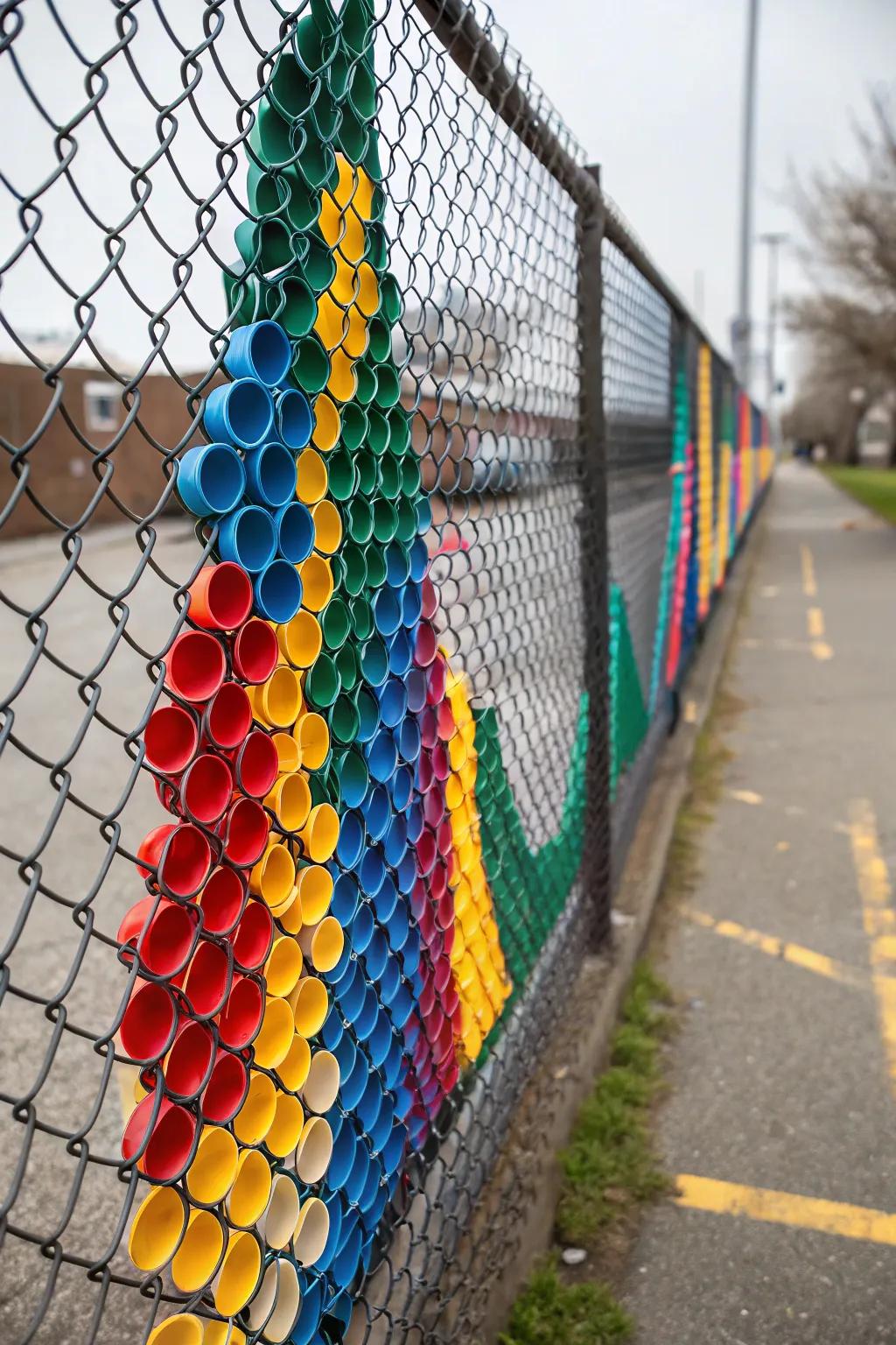 Plastic cup art can add a splash of color to your fence.