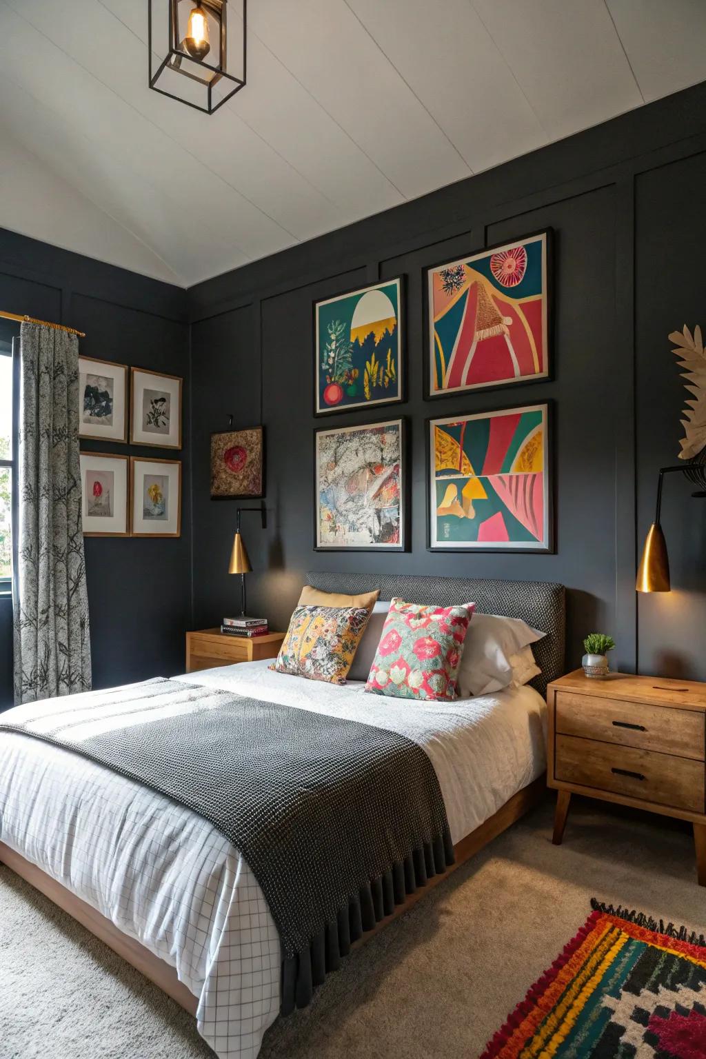 Bold artwork brings color and personality to charcoal walls.